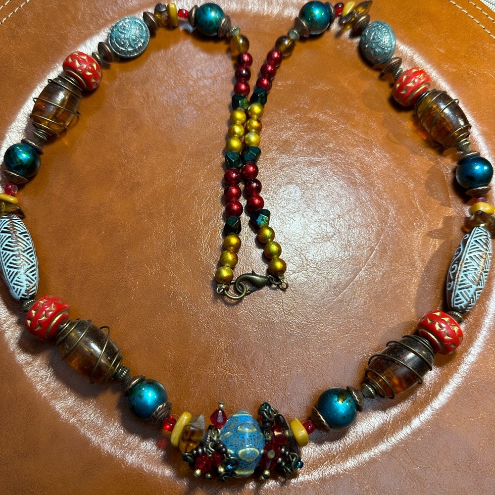 Unique, handmade, fun, necklace, stones, beads, wood, festive, very unique